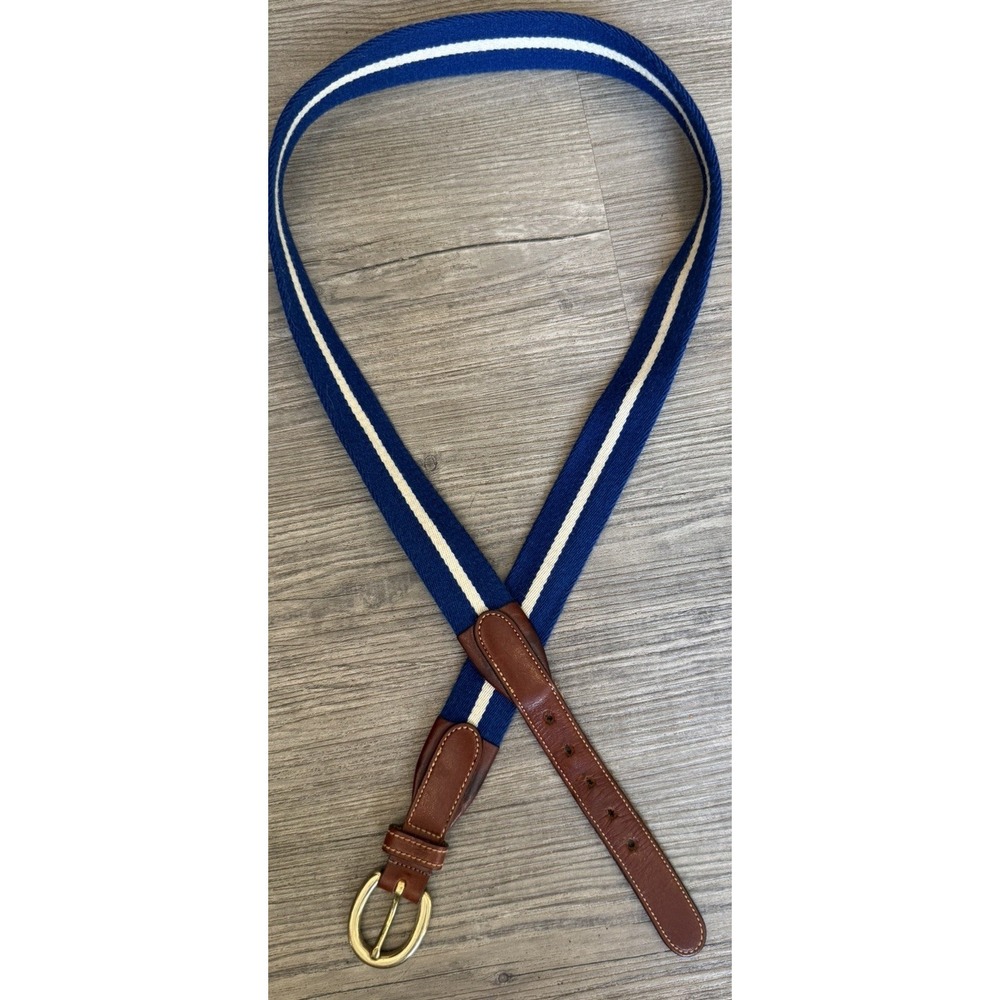 VTG Brooks Brothers Woven Fabric Blue White Stripe Belt Brass Buckle 40 Unisex